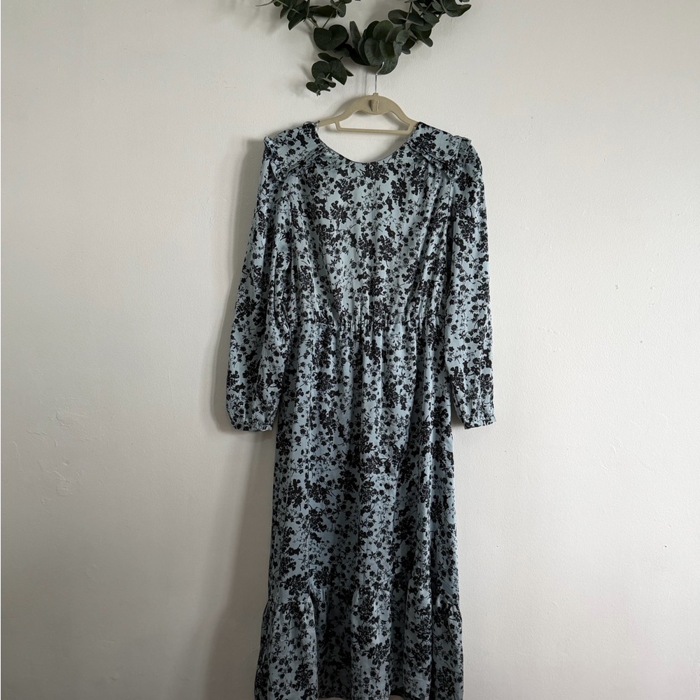 Zara Light Blue Floral Long Sleeve Midi Dress